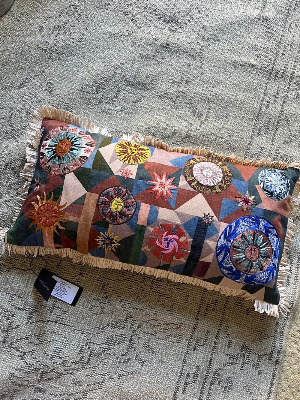 Christian Lacroix Multicolor Embroidered Sun Motif Pillow with Fringe